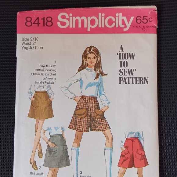 1969 Simplicity 8418 Sewing Pattern Teen Mini-Pantskirt & Culottes Waist 24 - Picture 1 of 4